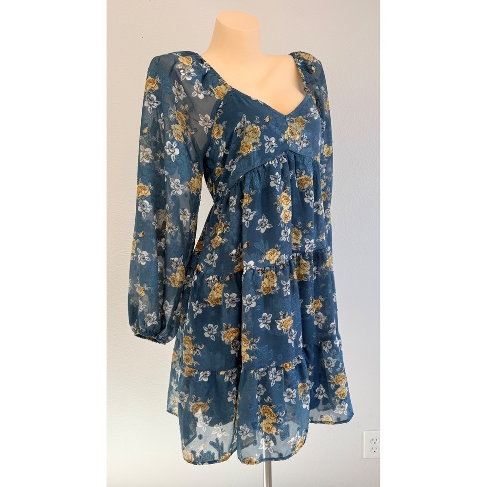 Baltic Born Lombard Tiered Dress Blue Gold Floral Cottagecore Boho Mini Medium - Picture 6 of 15